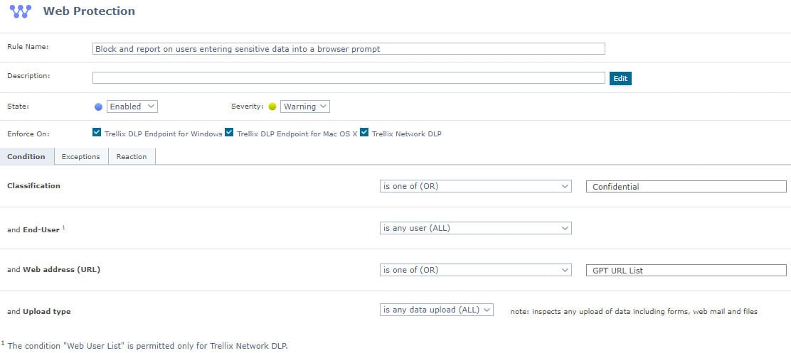 Trellix DLP interface.